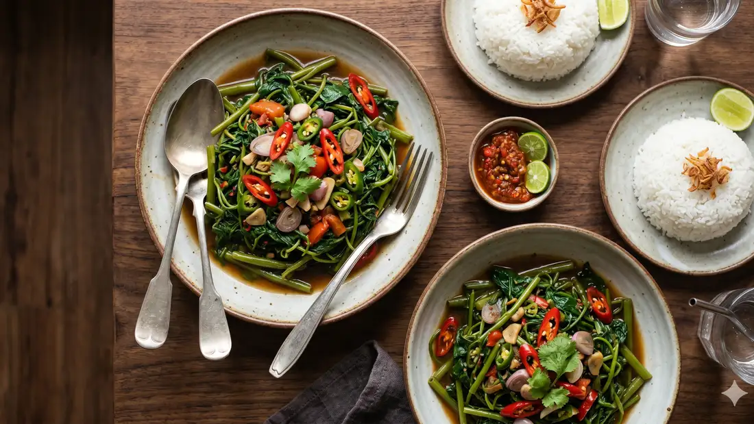 Kangkung dan sayuran segar siap ditumis untuk menu rumahan