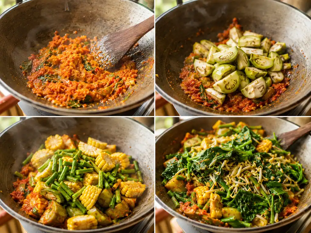 Proses menumis bumbu rica dan memasukkan aneka sayur secara bertahap ke dalam wajan