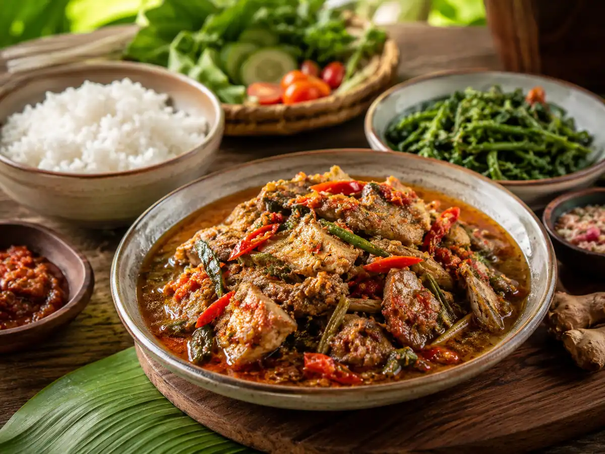 Sajian rica rodo manado disajikan dengan nasi putih dan pelengkap khas Sulawesi Utara