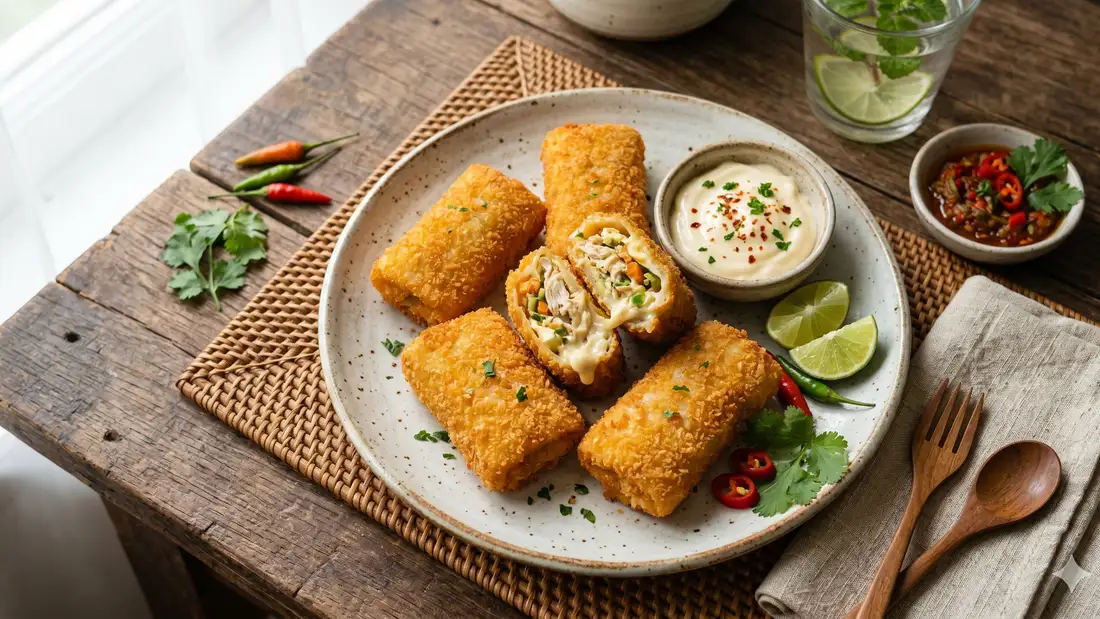 Risol mayo goreng keemasan dengan isian creamy mayo dan smoked beef yang menggugah selera