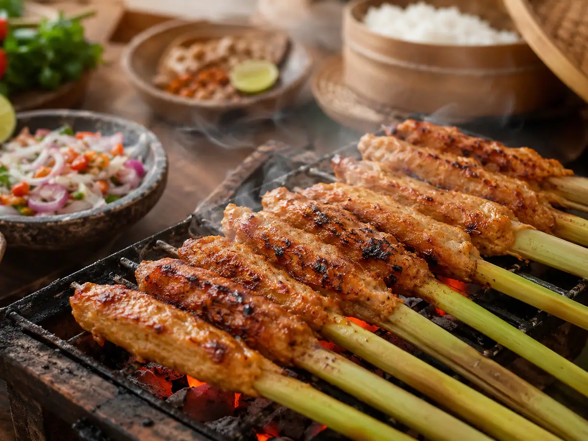 Sate lilit dibakar di atas bara arang sampai berwarna kecokelatan