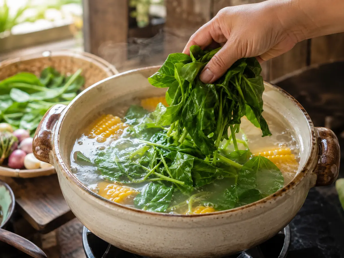 Proses memasak sayur bening, memasukkan bayam ke kuah jagung mendidih