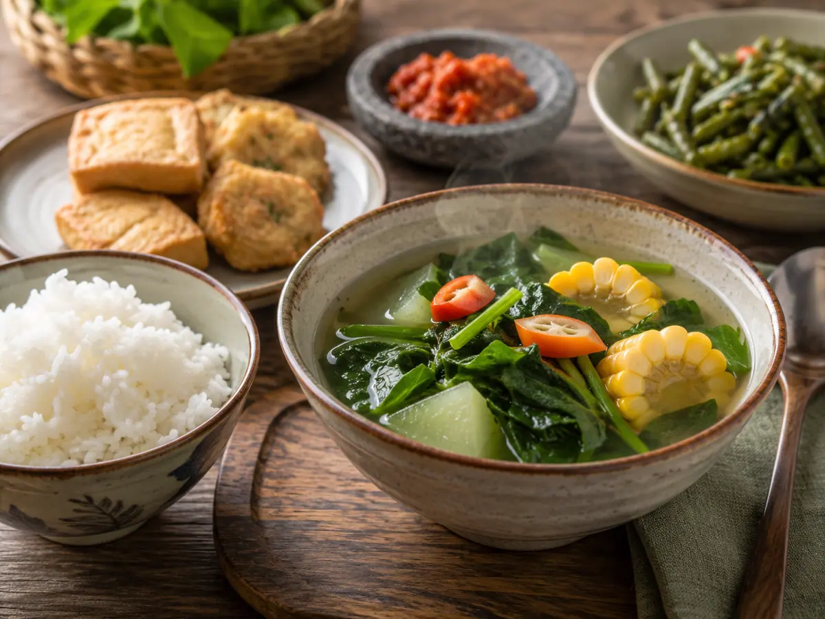 Sayur bening disajikan hangat bersama nasi putih dan lauk sederhana