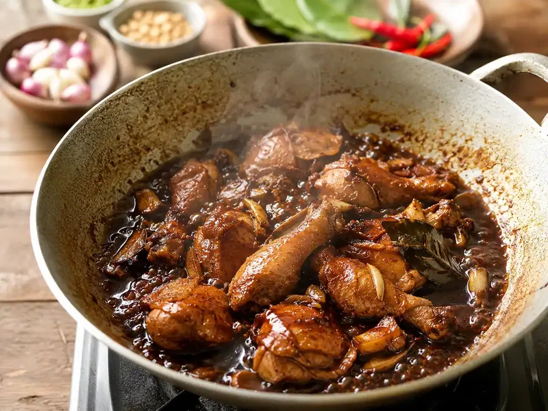 Proses memasak semur ayam dalam wajan dengan kuah kecap menyusut