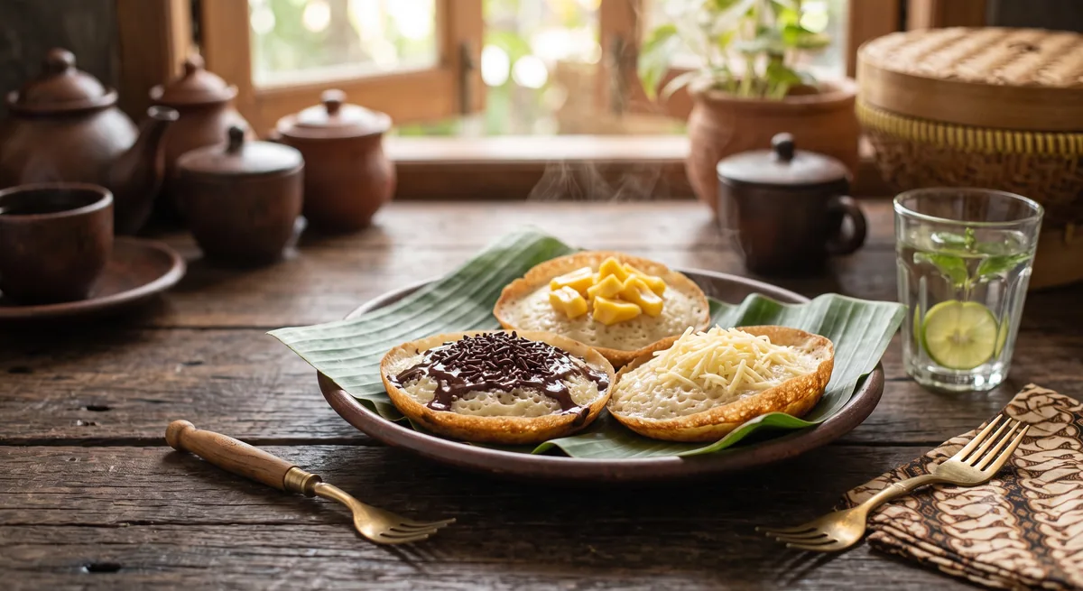 Aneka serabi Solo dengan topping cokelat, nangka, dan keju di atas daun pisang