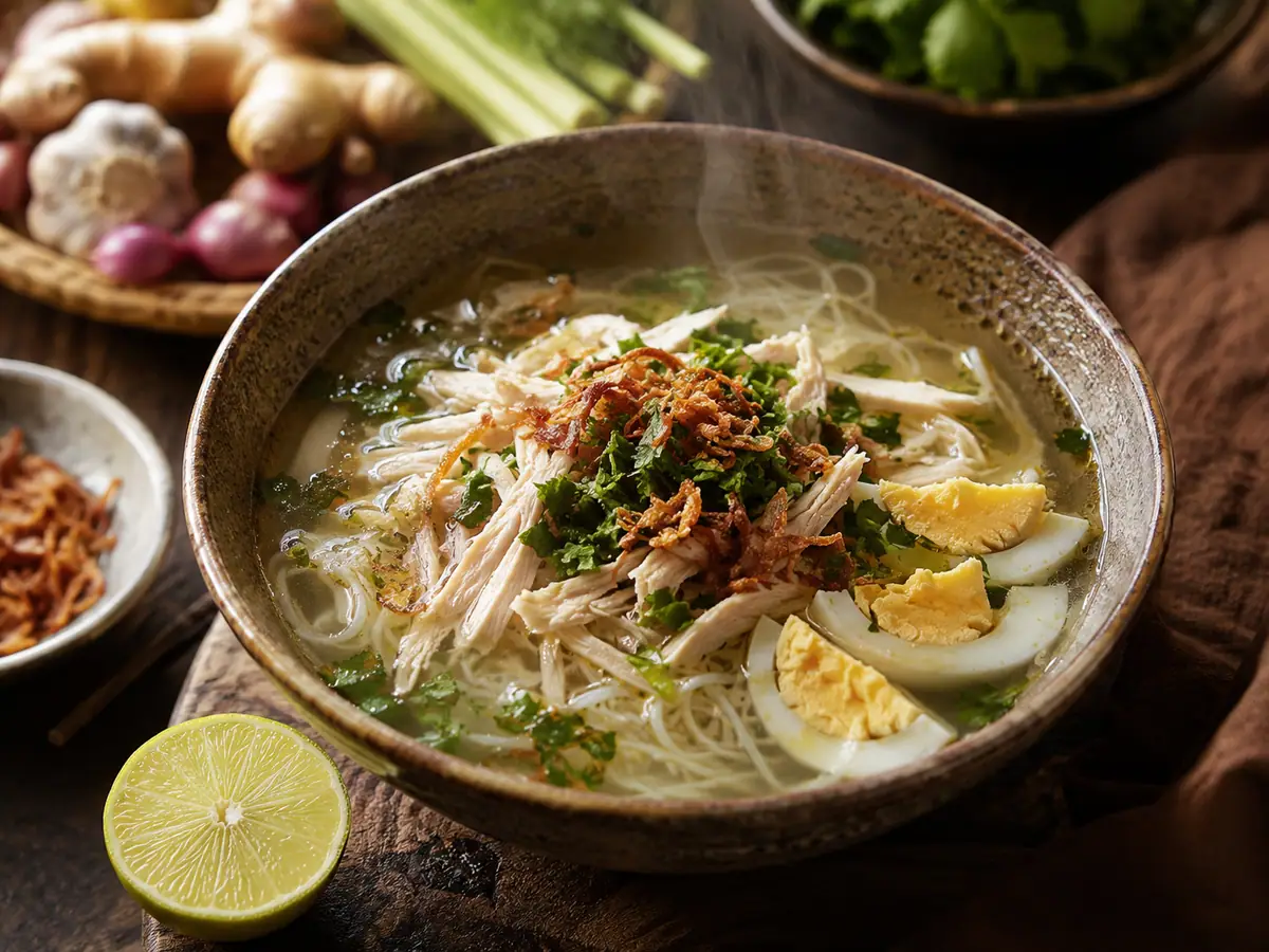 Soto Banjar siap saji dengan taburan bawang goreng seledri dan jeruk nipis di samping