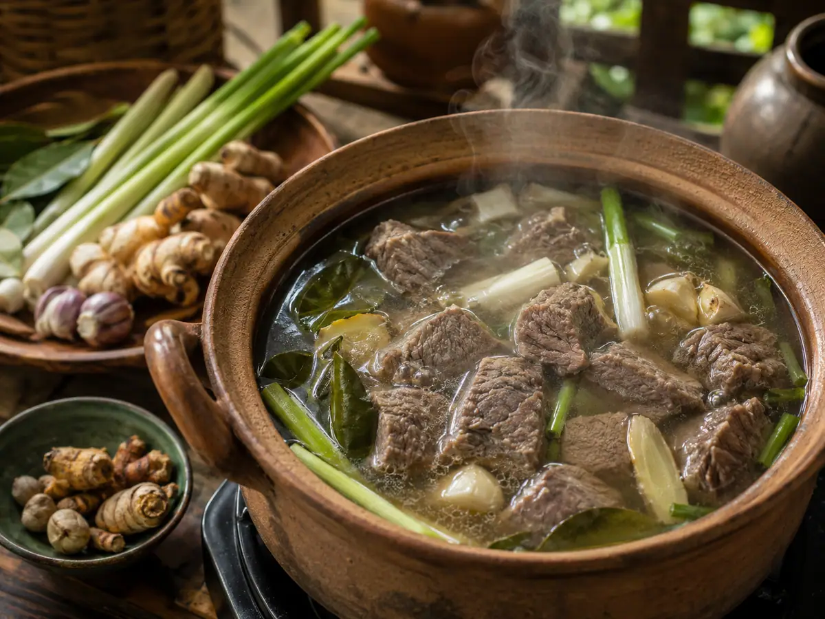 Proses merebus daging sapi dengan rempah untuk kuah kaldu soto mie Bogor yang bening