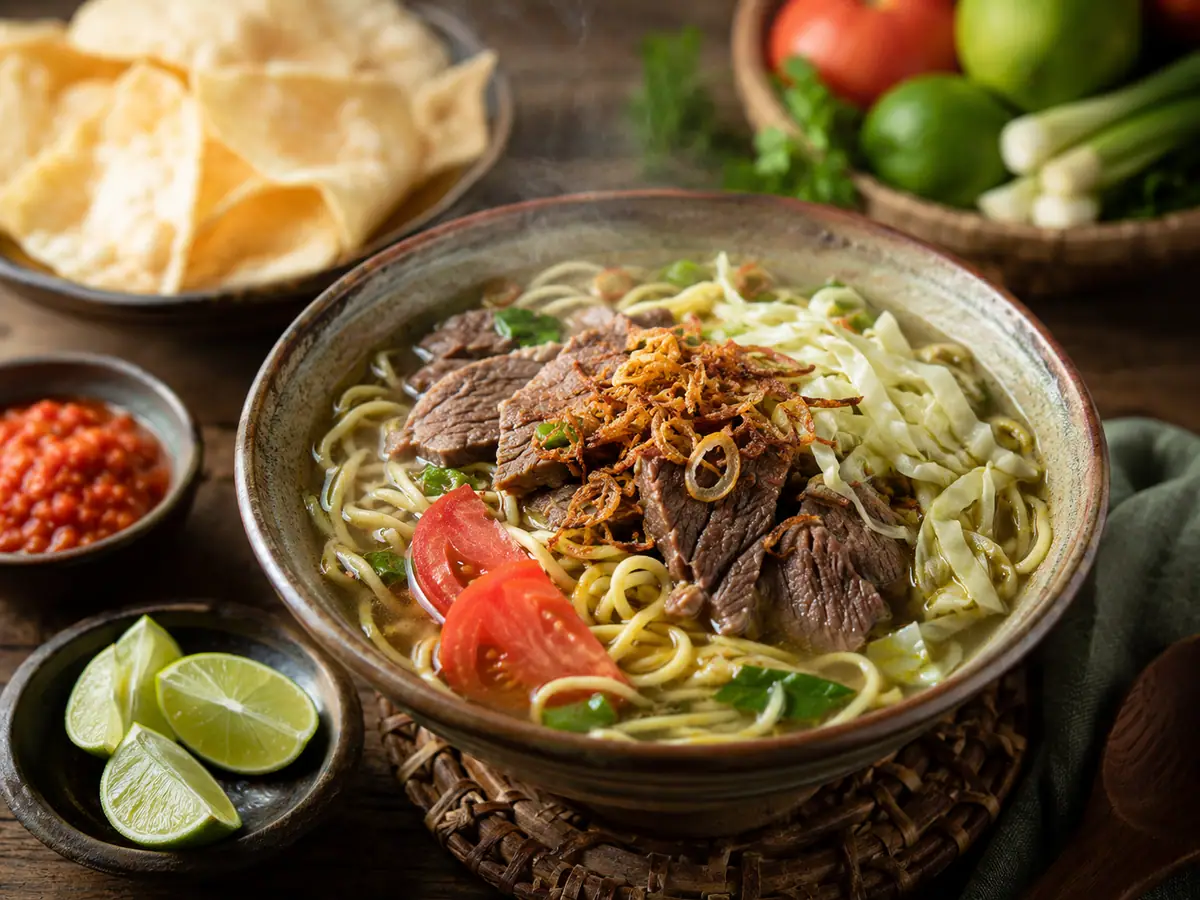 Soto mie Bogor disajikan dengan pelengkap jeruk nipis, sambal, emping, dan taburan bawang goreng