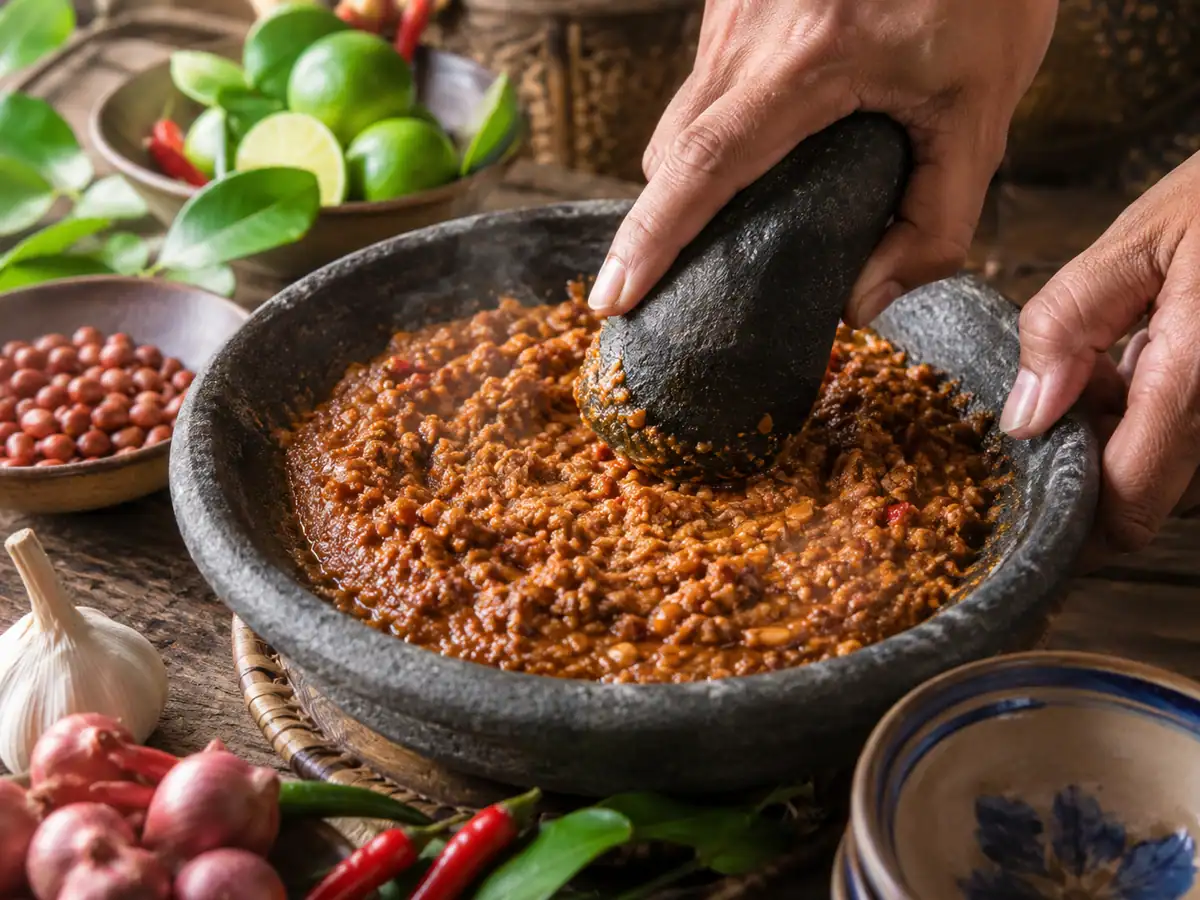 Sambal kacang khas soto Sokaraja yang diulek di atas cobek