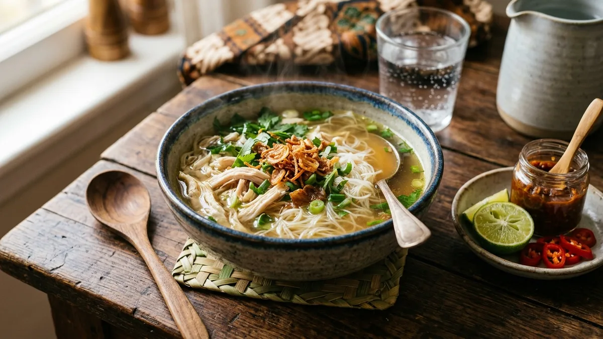 Sup bihun ayam hangat dengan suwiran ayam dan bawang goreng