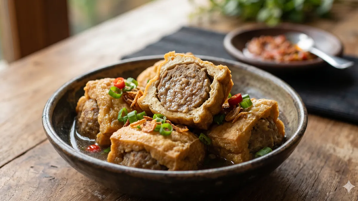 Proses pengisian tahu dengan adonan bakso