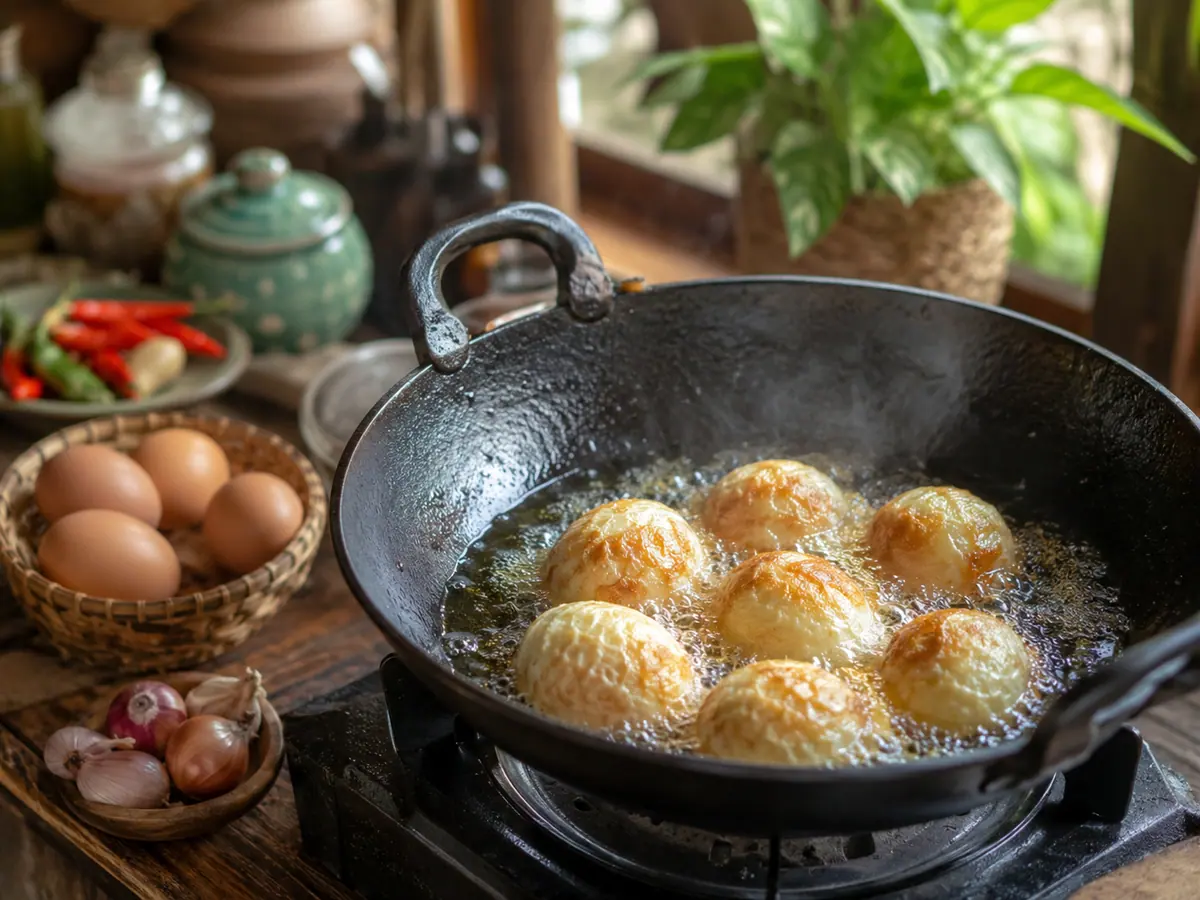 Proses menggoreng telur rebus hingga kulit luar keemasan berkerut