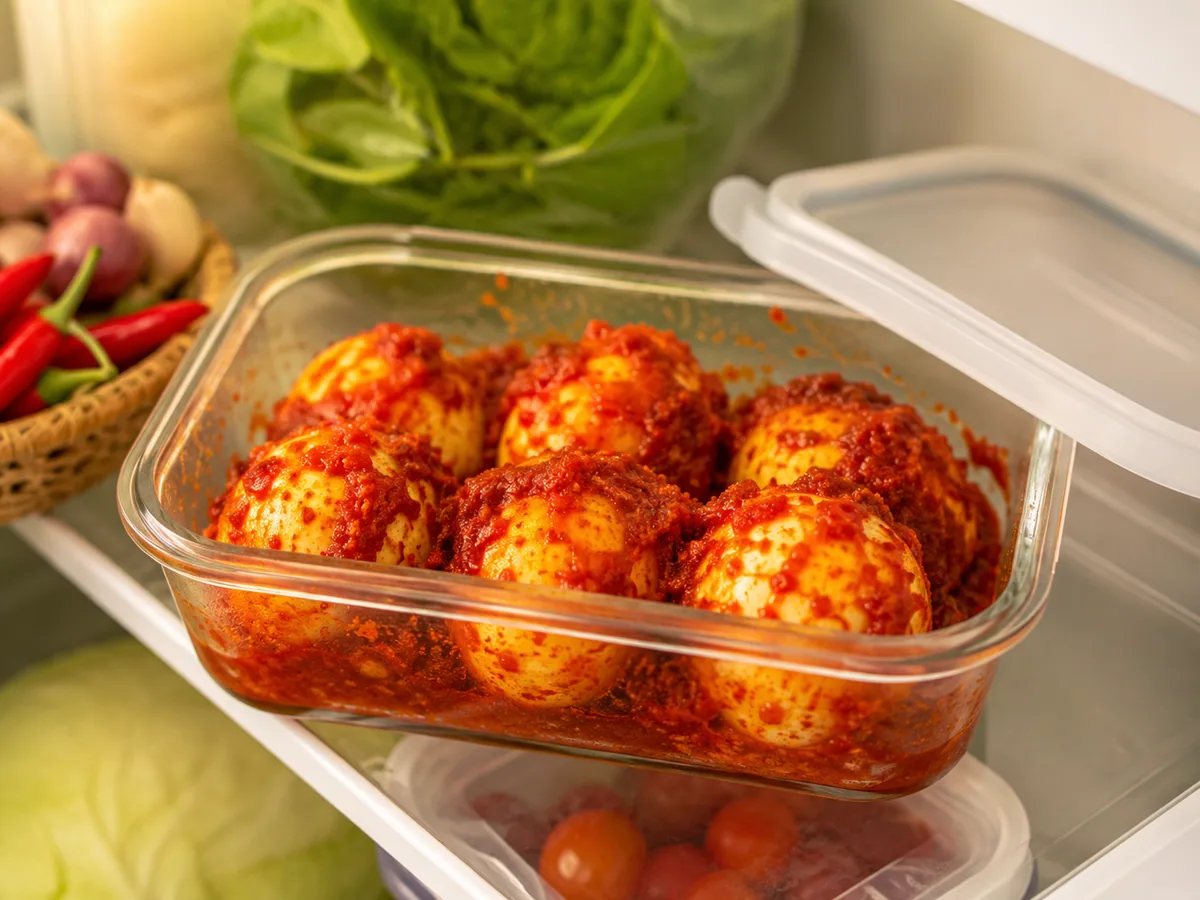 Telur balado disimpan dalam wadah kedap udara di kulkas
