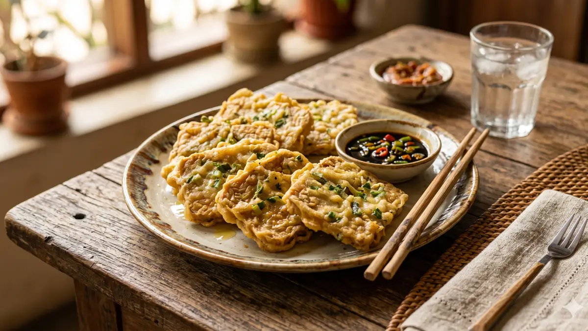 tempe mendoan disajikan di piring dengan sambal