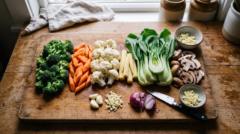 Bahan-bahan segar untuk membuat capcay: brokoli, wortel, kembang kol, jagung muda, sawi, dan jamur