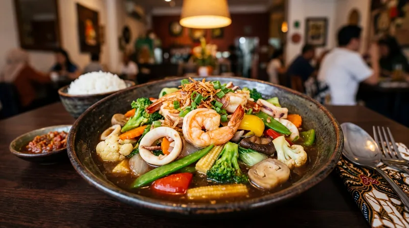 Capcay seafood dengan udang dan cumi yang besar disajikan dalam mangkuk gelap di restoran Indonesia, ditemani nasi putih dan sambal