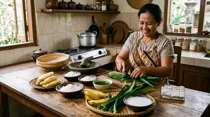 Proses pembuatan es pisang ijo dengan bahan pandan, pisang raja, dan santan di dapur tradisional