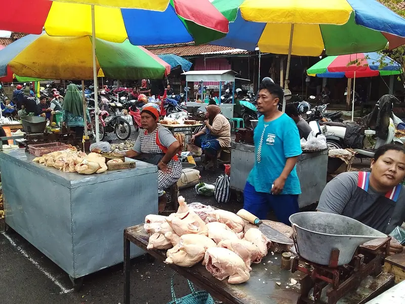 Pedagang daging ayam di pasar tradisional Kebumen dengan ayam potong di meja dan timbangan