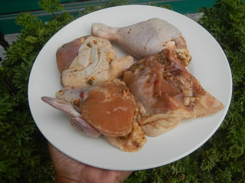 Potongan ayam mentah dimarinasi bumbu bawang putih dan lada di atas piring putih