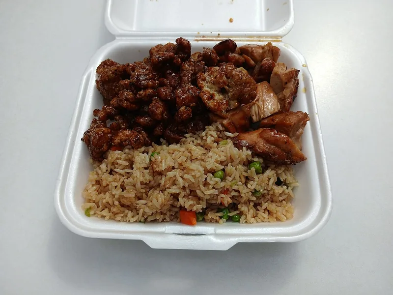 Kotak makan berisi potongan ayam bersaus cokelat gelap di atas nasi goreng sayur
