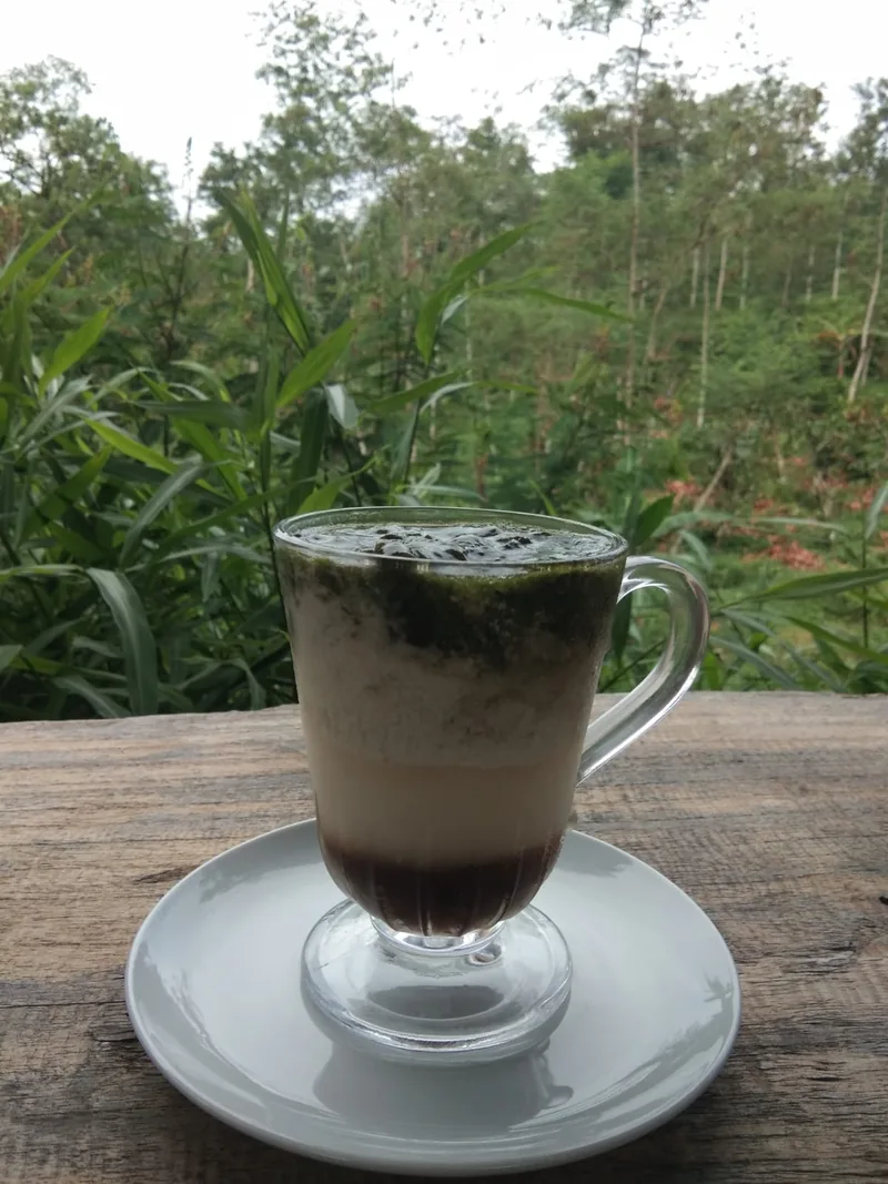 Es cincau berlapis gula aren cair di dasar, santan putih, dan cincau hijau di gelas kaca