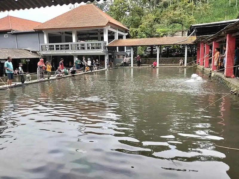 Keluarga dan anak-anak memancing di kolam warung lesehan berlatar bangunan beratap genteng dan bukit hijau
