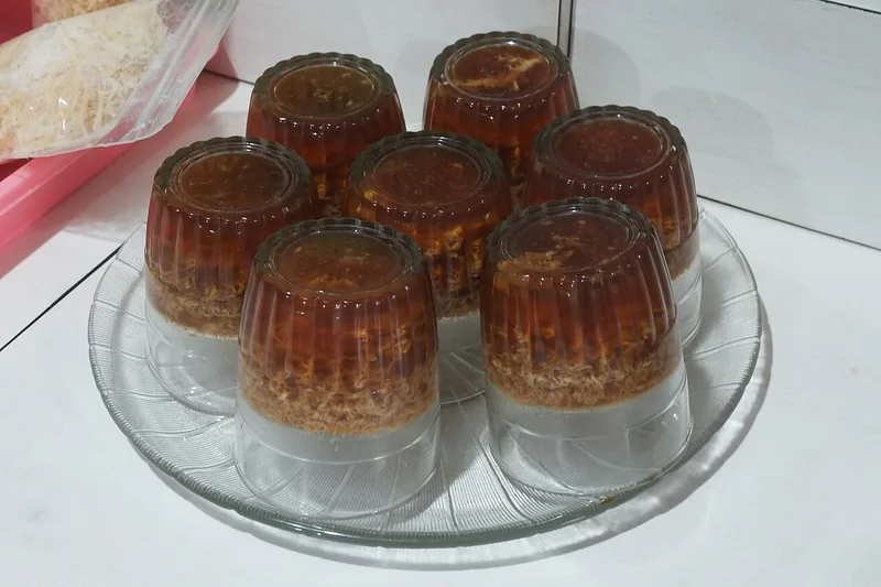 Tujuh agar-agar gula merah cetakan gelas tersusun di piring kaca bundar