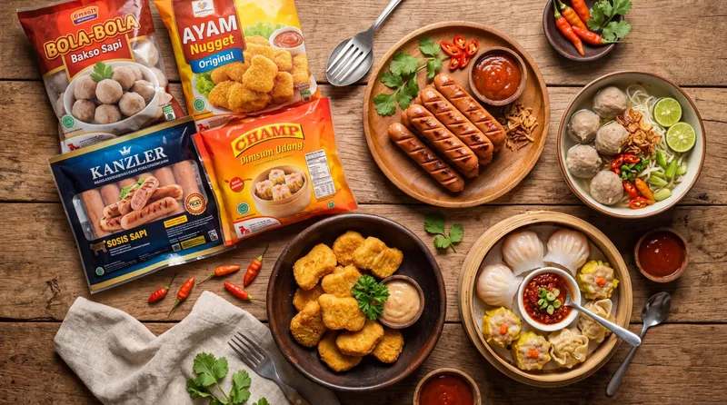 Aneka frozen food Indonesia populer termasuk sosis, nugget, bakso, dan dimsum siap saji