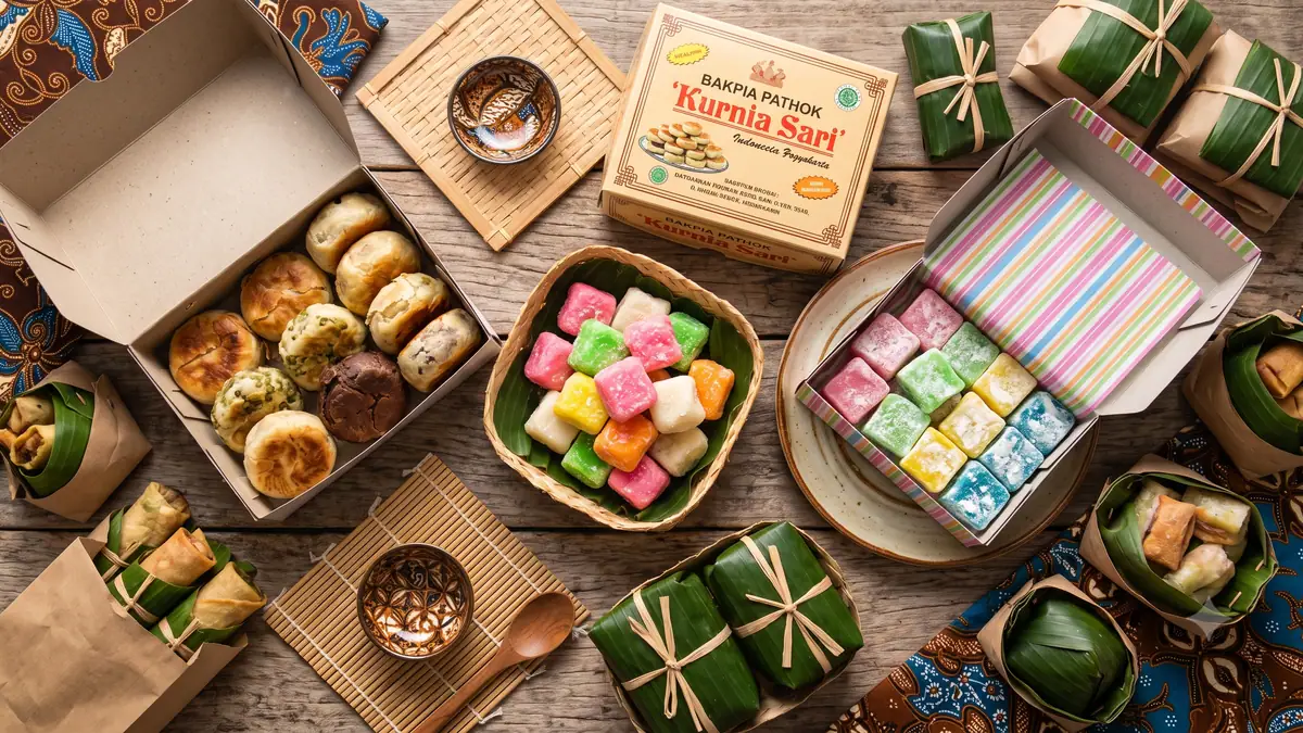 Aneka oleh-oleh khas Jogja seperti bakpia, geplak, dan yangko tersaji lengkap