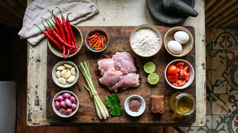 Bahan-bahan dasar masakan rumahan termasuk ayam, bumbu rempah, dan tepung