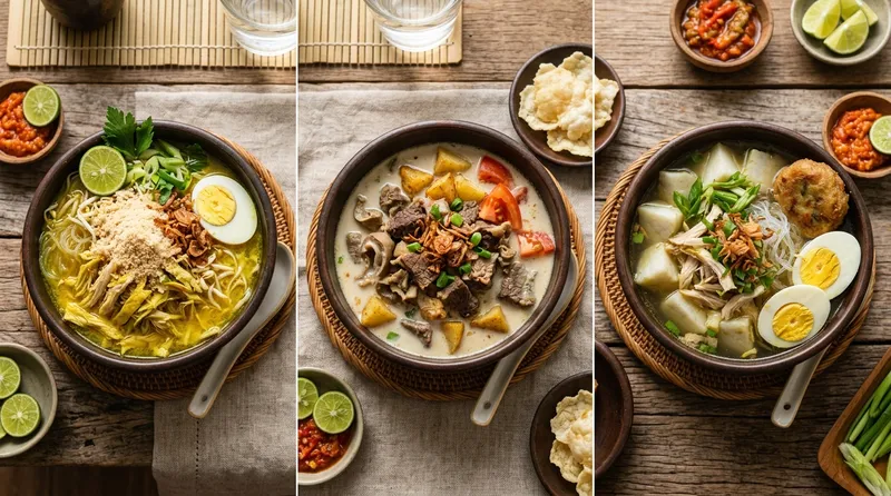 Variasi kuliner tradisional Indonesia dari berbagai daerah yang berwarna dan menggugah selera