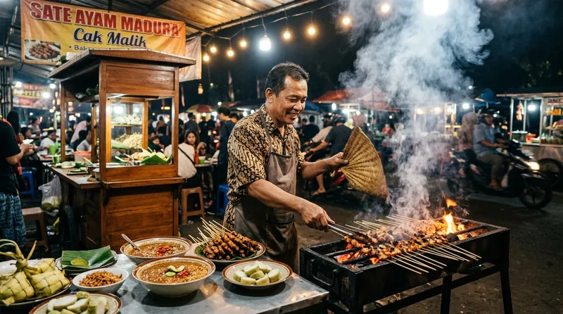 Sate ayam dibakar di atas bara arang oleh penjual di warung kaki lima
