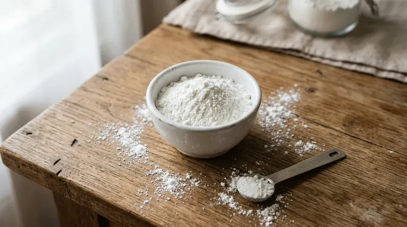 Tepung maizena putih dalam mangkuk keramik di atas meja kayu dengan sendok takar di sampingnya