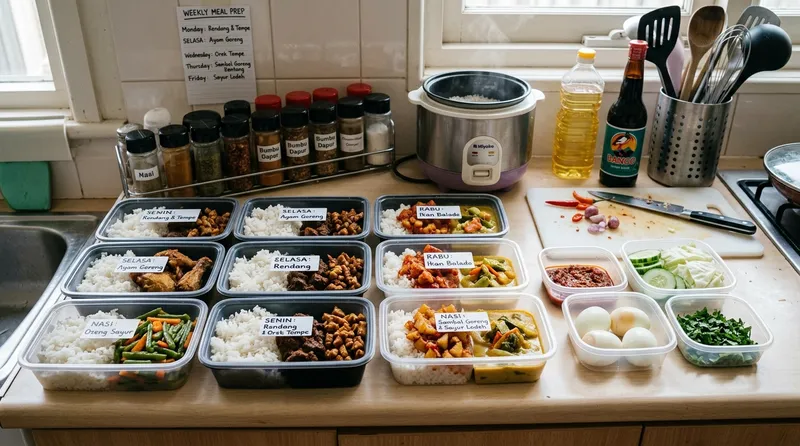 Peralatan dasar dapur dan bahan masakan rumahan yang siap dimasak