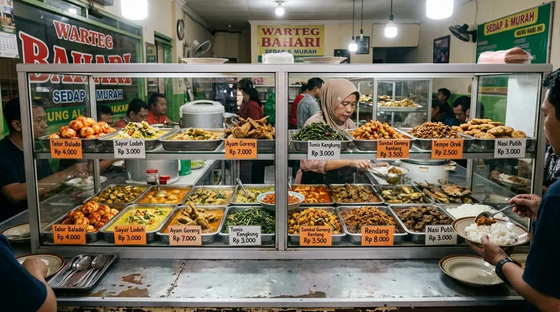 Suasana warung makan tradisional Indonesia dengan display lauk pauk yang menggugah selera
